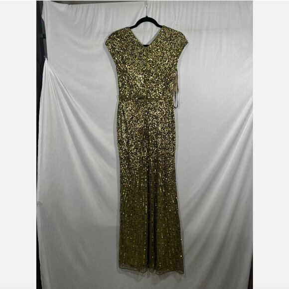 NWT $598 Mac Duggal [ 2 ]‎ Sequined Faux Wrap Cap Sleeve Gown Olive Green #Q714 - Picture 14 of 16